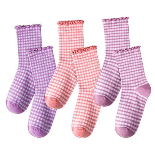 Image of 6 Pairs Women Ruffle Striped Frilly Socks, Cute Checkered Ankle Sock for Women Cotton Knit Casual Crew Socks