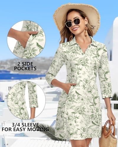 Image of WOWENY 3 /4 Sleeve Dress for Women with Pockets V Neck UPF 50+ Casual Sun Dress Breathable Quick Dry Beach Vacation