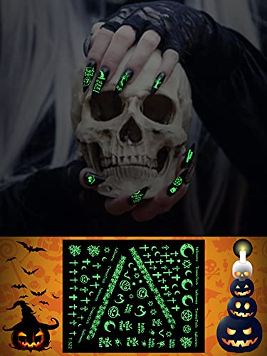 14 Blatt Halloween Leuchtend Nagelkunst-Aufkleber,TOROKOM Glow in Dark 3D Selbstklebende Halloween Kürbis Spinne Schädel… – Bild 4