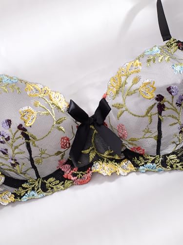 Image of Sexy Floral Embroidered Flower Mesh Underwire Push Up Lingerie Set