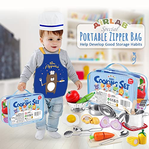 Foto von Airlab Kinderküche Spielküche Zubehör, Küchenzubehör Töpfe Holz & Edelstahl, Puppenküche Kochset, Holzspielzeug Kinder Küche Zubehör Töpfe mit Gemüse, Pädagogische Rollenspiele Geschenk für Kinder