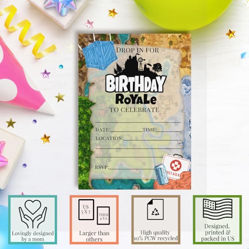 Fort Battle Video Gaming Birthday Party Invitations, 8 Pack 5x7 Fill In Cards with Eight White Envelopes by AmandaCreation Video Gaming Party Supplies - Thumbnail 3