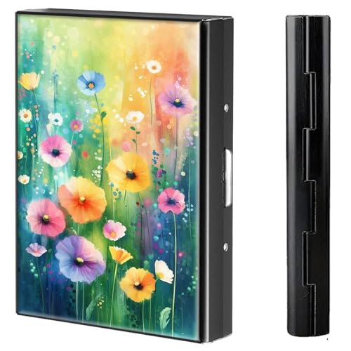 Metal Credit Card Holder Wallet, 6 Card Slots RFID Blocking Stainless Steel Wallet, Slim Metal Credit Card Wallet with Reliable Press Button Metal Wallet for Women Men, Colorful Flower