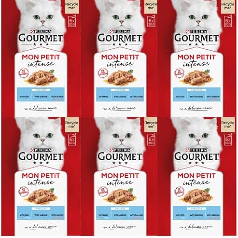 Mon Petit Intense Cat Food Pouches Contains Fine Cuts Cod, Sardine & Salmon ( 6 x 50g Pack 36 In Total) Bundled With Make Your Own Kitty Play Cover