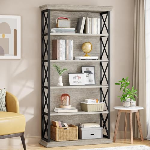 Tribesigns Bibliothèque industrielle à 6 niveaux, 180,3 cm, à poser au sol, 5 étagères de rangement pour la maison, le bureau, le salon, la chambre à coucher, gris et noir
