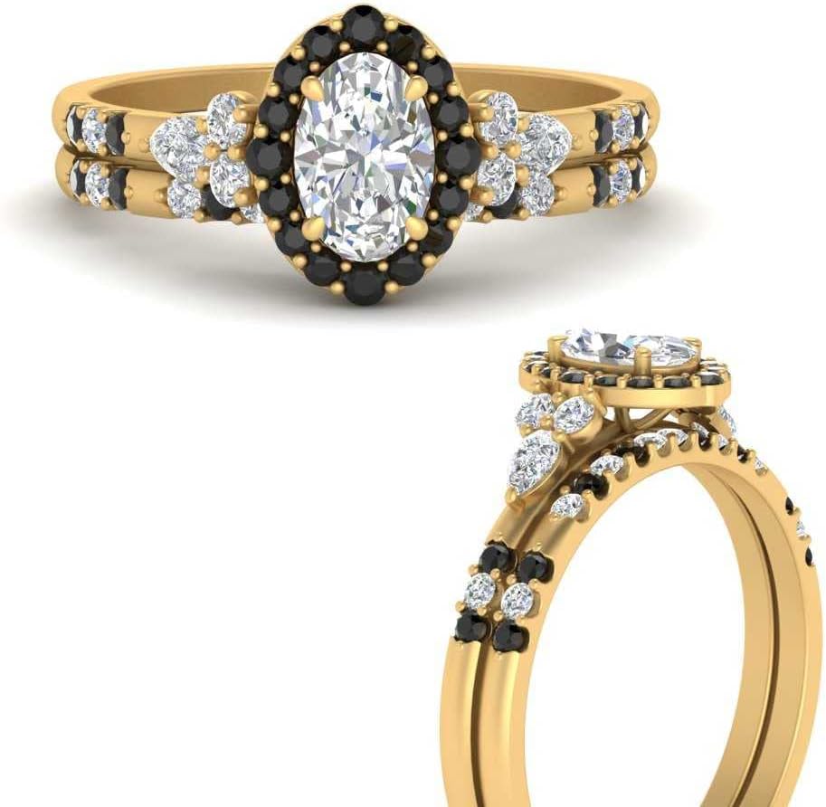 Choose Your Gemstone Halo Edwardian Wedding Ring and Band Yellow Gold Plated Oval Shape Wedding Ring Sets Everyday Jewelry Wedding Jewelry Handmade Gifts for Wife US Size 4 to 12