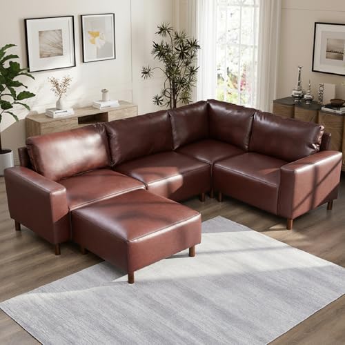 KEIKI PU Leather Sectional Couch Sofa Set with Ottoman, Luxury 5 Seater U-Shaped Sleeper Cloud Couches Bed, Comfy Modular Convertible L-Shaped Sofabed for Office Living Room, Easy Assembly, Burgundy