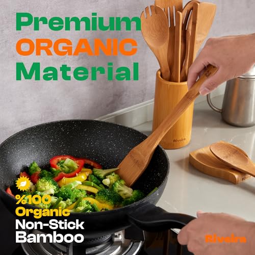 Riveira Dark Bamboo Wooden Spoons for Cooking 3-Piece, Apartment Essentials Wood Spatula Spoon Nonstick Kitchen Utensil Set Premium Quality Housewarming Gifts for Everyday Use #1