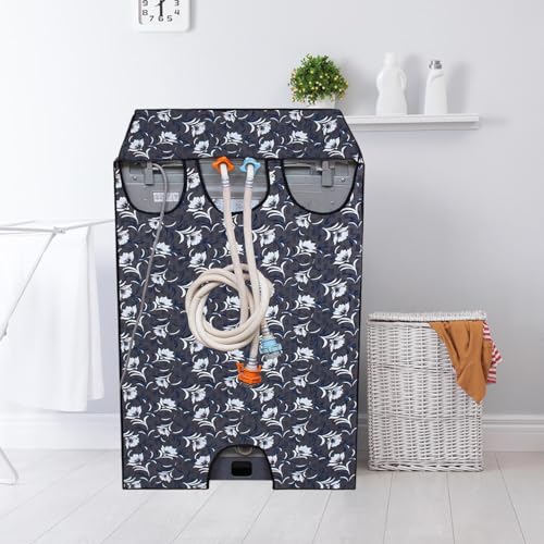 Image of Top Load Washing Machine Cover Suitable For IFB 12Kg- Waterproof & Dustproof- White Flower & Leaves on Blue /Grey(66X66X101 Cms)