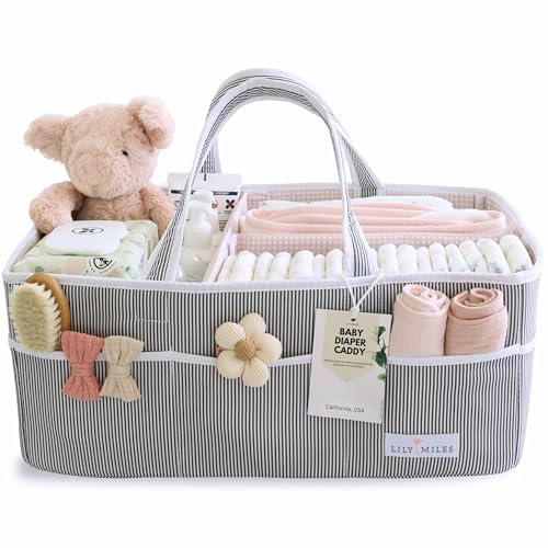 Image of Lily Miles Baby Diaper Caddy - Organizer Tote Bag for Baby Girl Essentials - Baby Shower Basket - Nursery Must Haves - Registry Favorites - Newborn Caddie Car Travel - Gray/Blush, Extra Large