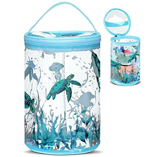 Beach Gifts Heavy Duty Clear Lotion Toiletry Bags for Travel Makeup Bag Cylinder Waterproof Portable Trip Bag Sunscreen Cosmetic Pouch with Handle Zipper(Turtle)