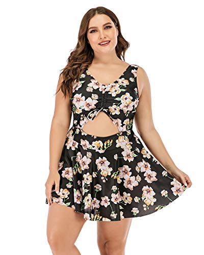 ESPRLIA Plus Size Floral Prinit Halter Swimwear One Piece Pin up Tankini Swimwear (Black3, XX-Large)