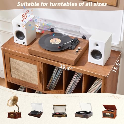 Image of LEYAOYAO Large Record Player Stand with Vinyl Storage Up to 450 Albums, 39.5 inch Wood Rattan Boho Record Storage Accent Cabinet, Modern Stereo Media Cabinets, Turntable Stand for Living Room, Tea Brown