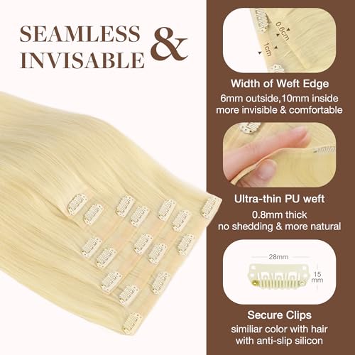 Image of GOO GOO Clip in Hair Extensions Real Human Hair, Remy Human Hair Extensions Clip ins for Women, Natural Human Hair, 14inch 130g 9Pcs, 613R Bleach Blonde