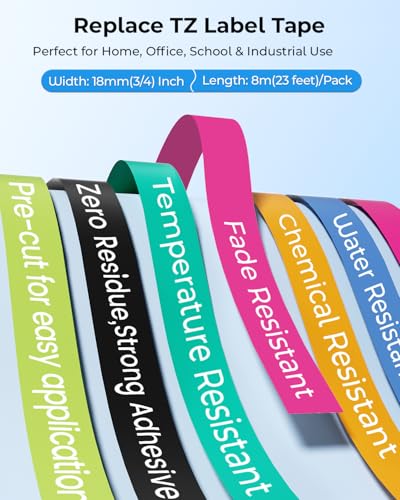 Image of 18mm Label Tape Replacement for Brother Label Maker Tape 18mm 0.7 P-Touch TZe Ribbon Laminated TZ Colored Refills Compatible with P Touch PT-D410 D400 D600 1830 1750 Cube Plus, 3 /4 inch x 26.2', 6 Pack