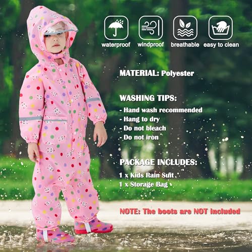 Image of Fewlby Toddler Rain Suit for Boys Girls Kids Raincoats With Hood One Piece Baby Rain Jacket Waterproof Coverall 1-10 Years
