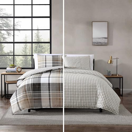 Image of Eddie Bauer- Twin Duvet Cover Set, Reversible Microsuede Bedding Set with Matching Sham, Dorm Essentials (Normandy Plaid Black /Brown)