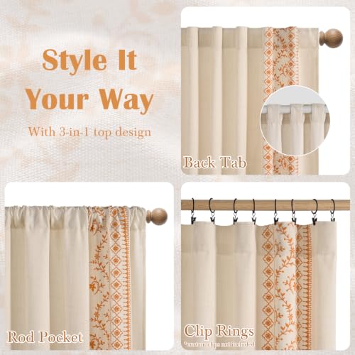 Image of Yinhua Boho Curtains for Living Room 84 Inch Long Orange Embroidered Floral Bedroom Curtains, Light Filtering Farmhouse Window Curtain Rod Pocket & Back Tab Drapes, 52 inch W x 84 inch L, 2 Panels