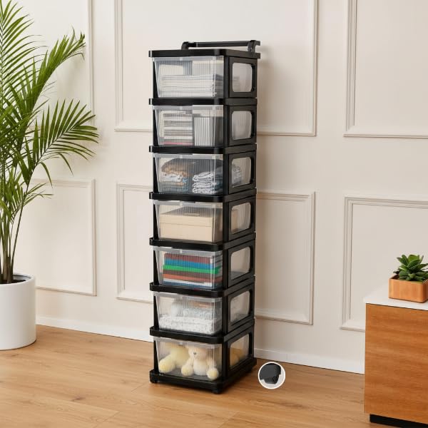 Image of KITCHIVO Heavy Duty Plastic Storage Drawer with Wheels | Modular Cabinet for Bedroom, Office, Home or Classroom| Chest of Drawers Organiser for Cosmetics, Kitchen items, Toys (Transparent, 7)