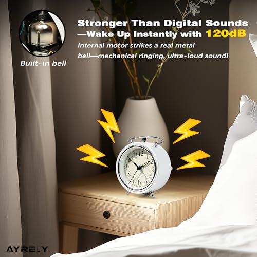 Image of AYRELY 4 inch Super Loud Alarm Clock for Heavy Sleepers, Desk Clock with Built-in Metal Bell, Silent Analog Table Clock with Night Light for Bedroom, Bedside, Office, Kitchen (Bright White)