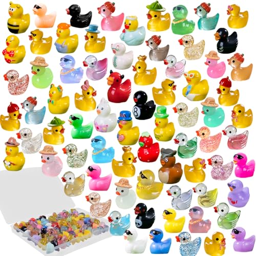 U-Zimikee 80 Pcs Multicolor Mini Resin Ducks with Storage Box Tiny Ducks to Hide Little Ducks Figurines Miniature Ducks Figures Bulk for Mini Garden Dollhouse Decoration Micro Landscape Ornament