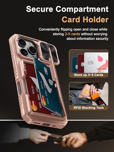 Image of Vihibii for iPhone 16 Pro Case Wallet with Card Holder (4 Cards) [RFID Blocking] & Slide Camera Cover, Military Grade Drop Protection, Rugged Back & Silicone Edge Phone Cover, 6.3 inch 2024, Rose Gold