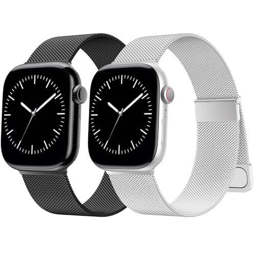 AMSKY 2 Piezas Magnetica Correas Compatible con Correa Apple Watch 44mm 40mm 46mm 42mm 45mm 41mm 38mm 49mm, Metalica Milanese con Doble Imán, para iWatch Series 11 10 9 8 7 6 5 4, SE Ultra 3 2 1
