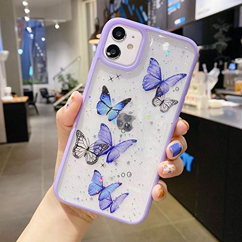 Emlivi Coque Compatible avec iPhone 12 (6,1"), Etui pour iPhone 12 Transparent Crystal Motif Papillon Violet Housse Avancé Silicone TPU de Protection Case Anti-Rayures Cover pour iPhone 12 Cover