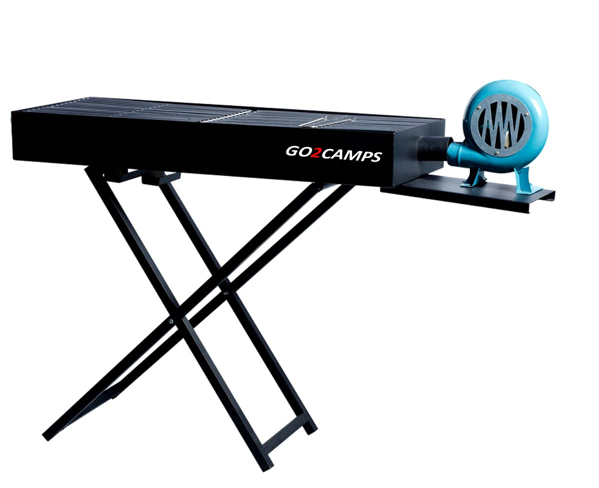 Go2Camps Barbeque Grill with Blower Fan-BBQ X Shape Stand Hand fan 110 CM -X-LARGE BLACK