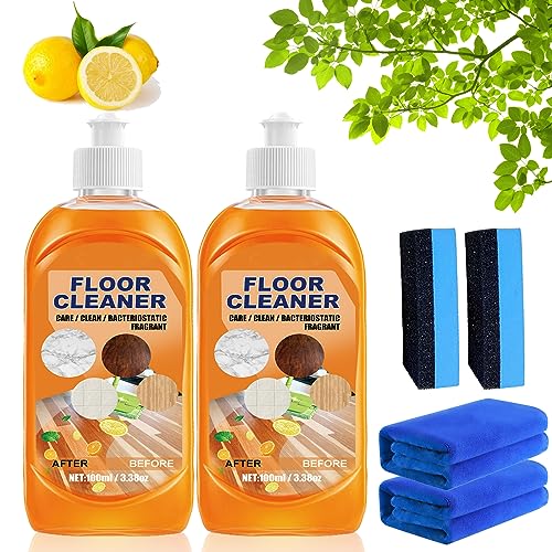 Powerful Floor Cleaner 100ml, Wood Floor Cleaner, Tile Floor Cleaner, Floor Polishing Brightening Cleaner, Multi-purpose Powerful Stain Floor Cleaner, with Fresh Lemon Smell (2 Pcs)