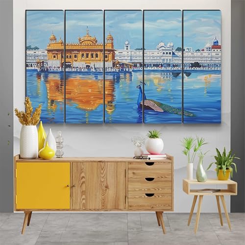 Image of Livin'luxe Golden Temple Wall Painting | 5 Panel Framed Wall Art with Peacock and Water Reflection | Sikh Religious Art for Living Room, Pooja Room, Spiritual Gift, Home Decor (50 x 30 Inch) XL-35431