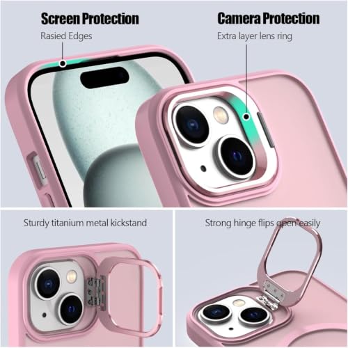 Image of Elzzi Kickstand Case for iPhone 15 Case Compatible with MagSafe, Built-in Adjustable Camera Guard Stand, Translucent Matte Anti-Fingerprint Heavy Duty Shockproof Phone Cover - Pink