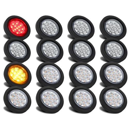 Partswcgg 2.5 Inch Round LED Marker Lights Clear Lens 13 LEDs Reflectors 8 Amber + 8 Red 2 1/2 Round LED Trailer Markers Truck Side Clearance Lights Grommet Mount w/2 Prong Wire Pigtail Waterproof
