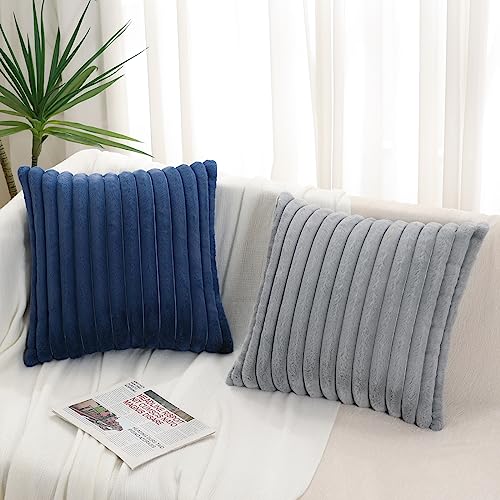 Pallene Faux Fur Plush Throw Pillow Covers 18x18 Set of 2, Luxury Soft Fluffy Striped Decorative Pillow Covers for Sofa, Couch, Living Room, Navy Blue