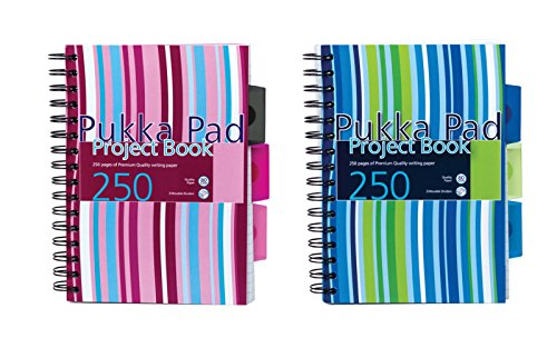 Pukka Pad A5 Striped Project Notebook 1-Pack - 21 x 14.9cm - Wirebound Notebook Ruled Lines on 80GSM Paper Includes 3 Repositionable Dividers with Storage Pockets - 250 Pages Pink or Blue
