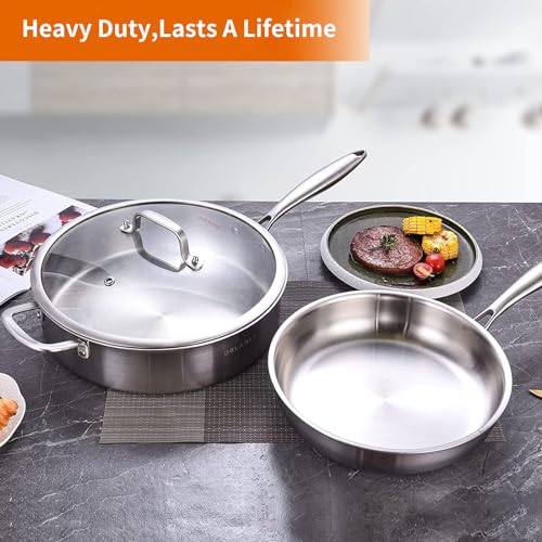 DELARLO Whole Body Tri-Ply Stainless Steel Frying Pan and Sauté Pans Set Oven Safe Induction Skillet,pots and Pans Set,Suitable for All Stove…, Silver - Image 5