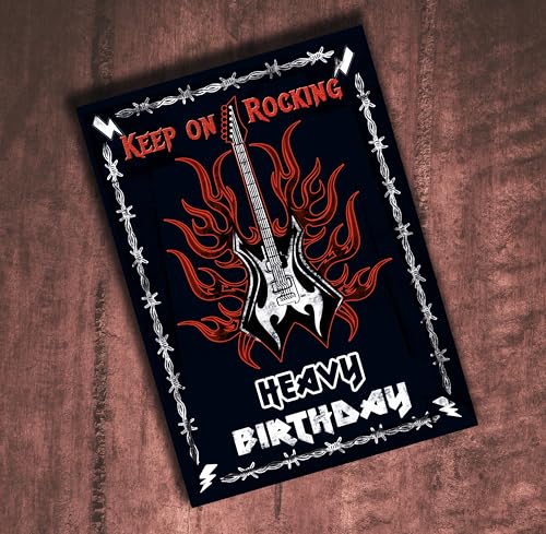 TinyTami Heavy Metal Geburtstagskarte Keep on rocking Gitarre mit Flammen Postkarte für Metalheads, Rocker, Gothic und Alternativ mit Briefumschlag