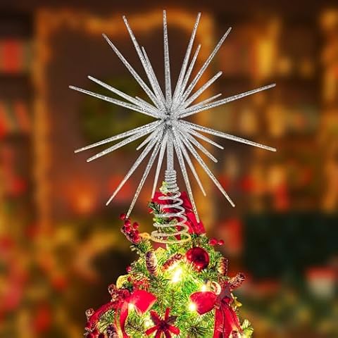 13.7 Inch Silver Christmas Tree Topper - 3D Burst Silver Tree Topper, Exploding Star Christmas Tree Decorations Cover