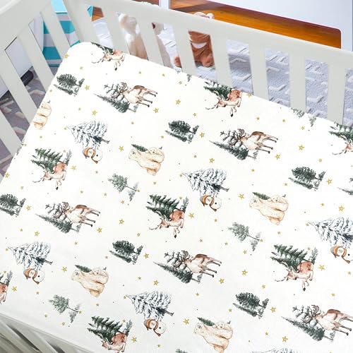Image of AMROSE 2 Pack Flannel Fleece Crib Sheets, Winter Woodland