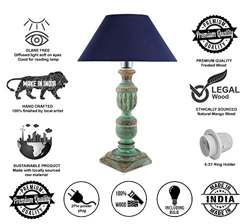 Image of Homesake Handcrafted Wooden Table Lamp for Living Room & Bedroom | Bedside Rustic Algae French Table Lamp with Fabric Shade | Included Bulb | Decorative Wooden Night Lamp for Home Decor, Blue