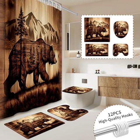 Muuyi 4PCS Shower Curtain Sets,Black Brown Wild Animals Bear Print Rustic Wooden Forest Shower Curtain Set Bathroom Decor,Waterproof Fabric Shower Curtain, Non-Slip Bath Mat, with 12 Hooks,71x 71 in Cover