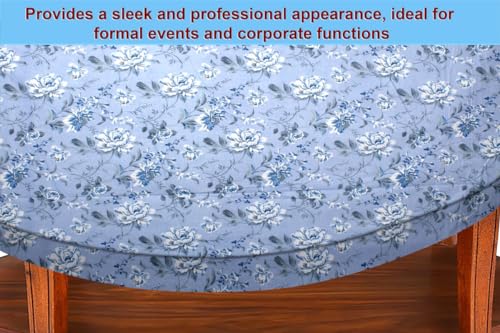 Image of The Furnishing Tree Elastic Cotton Oval Center Table Cover 14x24 in Inches Floral White Rose on Blue Base