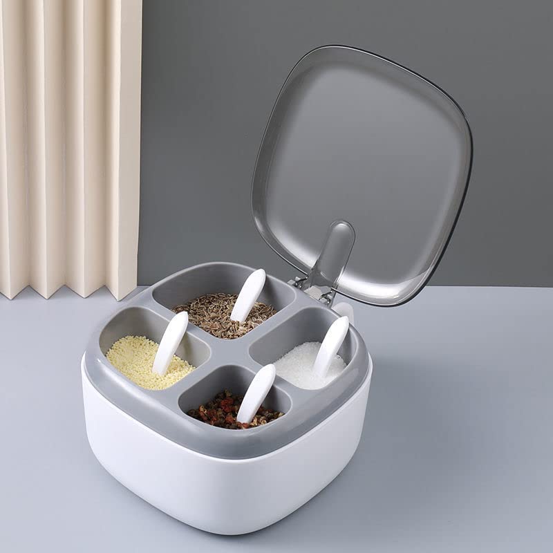 Seasoning Box with Lid and Spoon, 4 Compartment Spice Pots with Handle for Household kitchen for Salt Sugar Pepper Powder (Grey, 14x14x8cm)