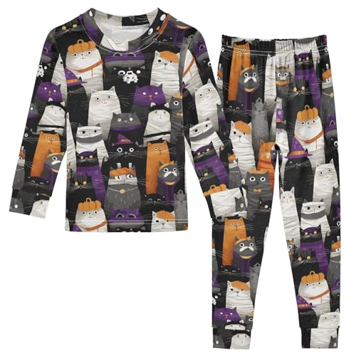 Cartoon Pajamas Set Cat Pattern Long Sleeve PJs Cotton Jammies Sleepwear Top and Pants