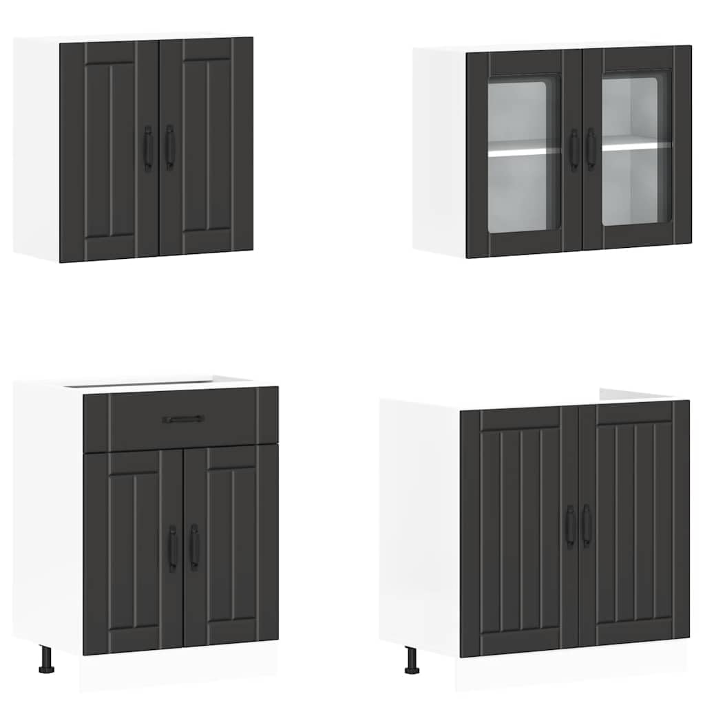 4-TLG. Küchenzeile Lucca Schwarz, modernes Küchenschrank-Set aus Holzwerkstoff & Glas, modulares Küchenmöbel-Set mit Unterschränken & Hängeschränken für viel Stauraum, 140 cm