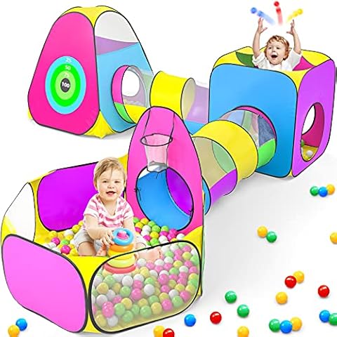 wilwolfer 5pc Kids Play Tent for Toddler with 1 Baby Ball Pits, 2 Baby Crawl Tunnels, 2 Pop Up Tents, Indoor Outdoor Playhouse Toys for Boys/Girls, Gift Target Game with 4 Dart Balls Cover