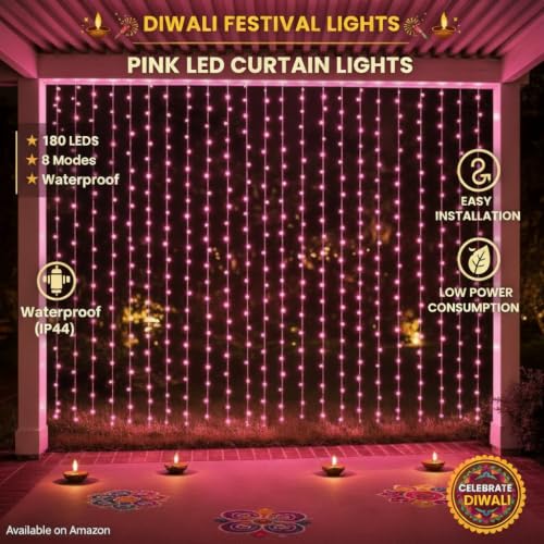 Image of MIRADH 180 LED 9.8 Feet Window Curtain String Light Wedding Party Home Garden Bedroom Outdoor Indoor Wall Decorations, Diwali Lights for Decoration (Pink Led Curtain 3M x 3M)