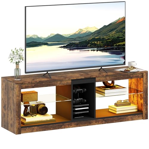 HOMCOM Meuble TV avec lumières LED et télécommande, Meuble télé Bois Banc TV pour téléviseur jusqu'à 65 Pouces avec étagères et Compartiments Ouvert,...
