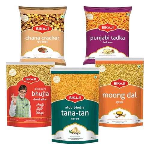 Bikaji Snacks Combo – Moong Dal & PUNJABI TADKA & ROASTED CHANA CRACKER & BHUJIA & TANA-TAN (Aloo Bhujia) | 5 Pack Variety | Bar Snacks, Party Mix & Tea-Time Treats – 1000g