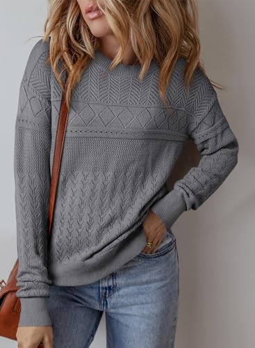 Image of SHEWIN Fall Sweaters for Women Casual Crewneck Long Sleeve Crochet Pullover Tops Sweater